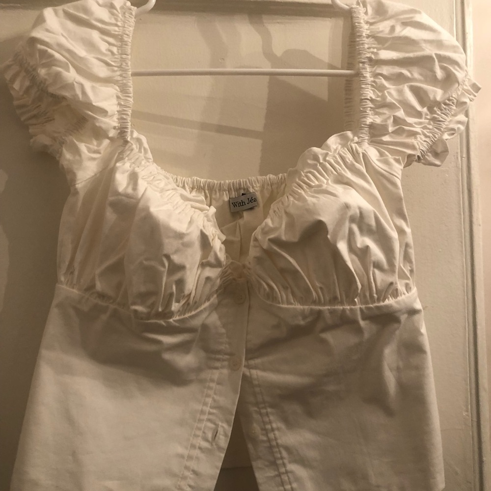 With Jèan White Button down cap sleeve top